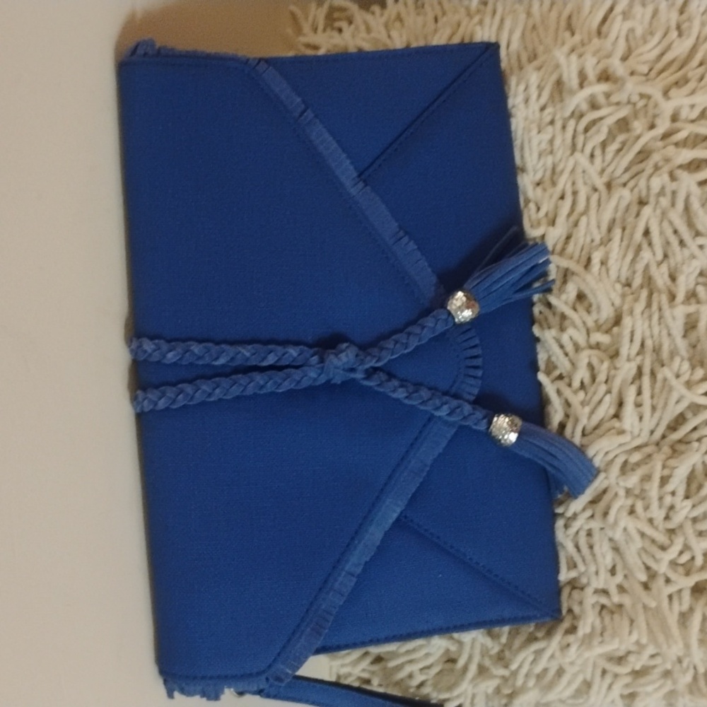 White House Black Market Blue Linen Tassel Clutch
